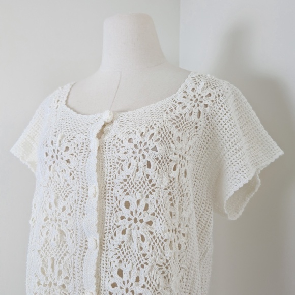 Crochet Button Down Cardigan Short Sleeve See-through Floral - Picture 8 of 10